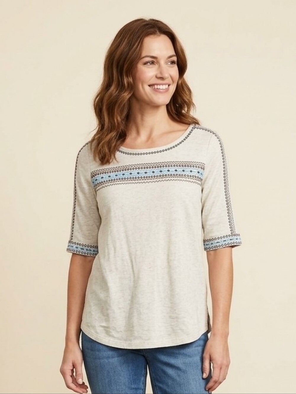 LOFT Oatmeal Heather Tribal Geometric Embroidered 3/4 Sleeve Top M